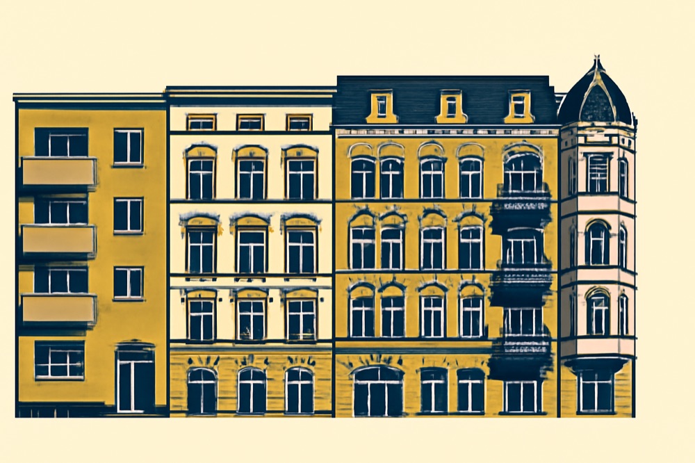 Zweifarbige Illustration von deutschen Wohnhausfassaden