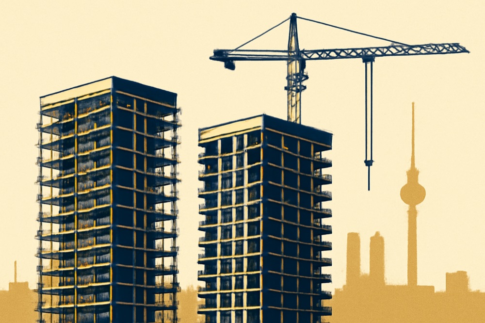 Two residential towers under construction with Berlin and Munich skyline silhouettes in the distance.