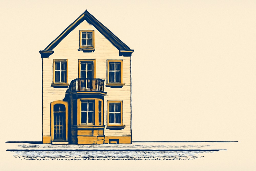 Zweifarbige Illustration einer deutschen Reihenhausfassade mit Balkon und Kopfsteinpflaster.