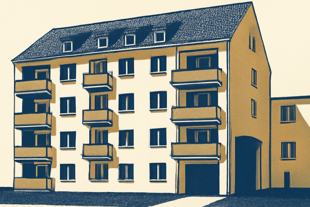 Two‑colour architectural illustration of a German apartment block façade
