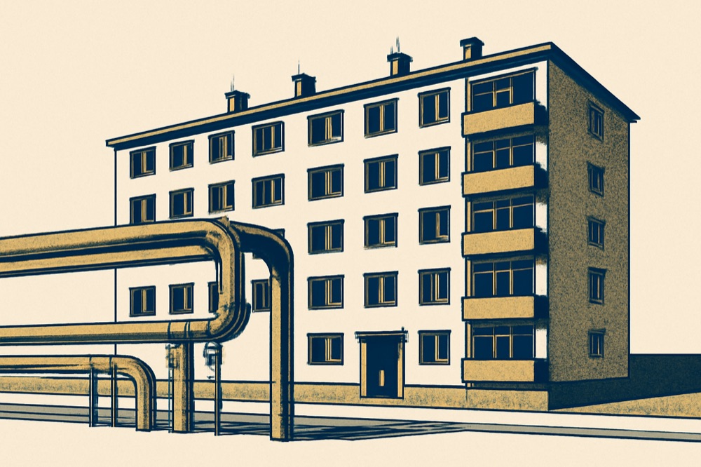 Mid‑century German apartment block with visible district‑heat pipes in foreground