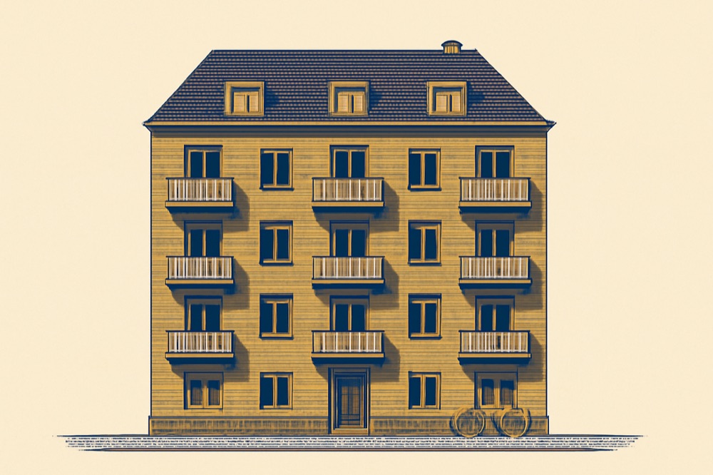 Außenansicht eines mehrstöckigen deutschen Wohnhauses, geeignet für zweifarbige Architekturillustration