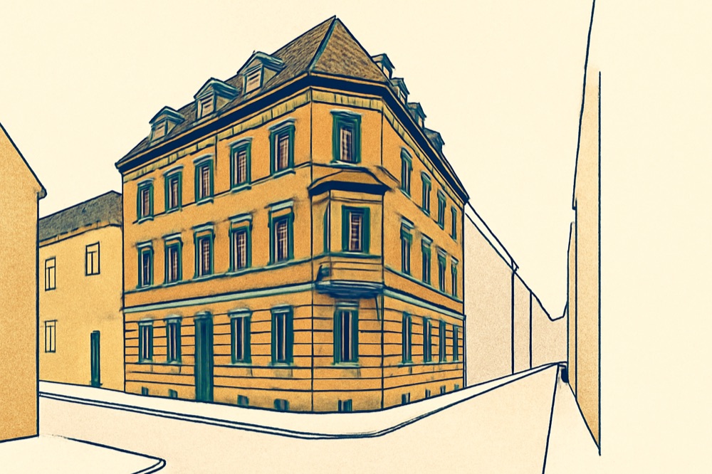 Two‑colour architectural illustration of a three‑storey red‑brick multifamily house on a narrow city street