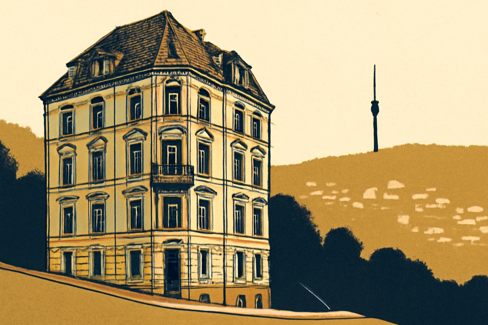 Wilhelminian apartment block on a Stuttgart hillside with TV tower silhouette