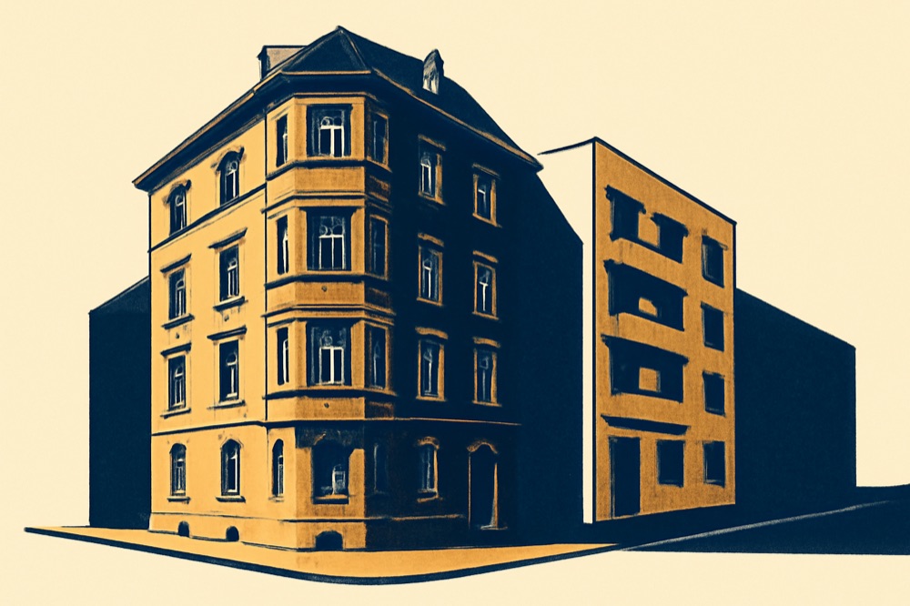 Corner facade of a Stuttgart rental block and modern infill building