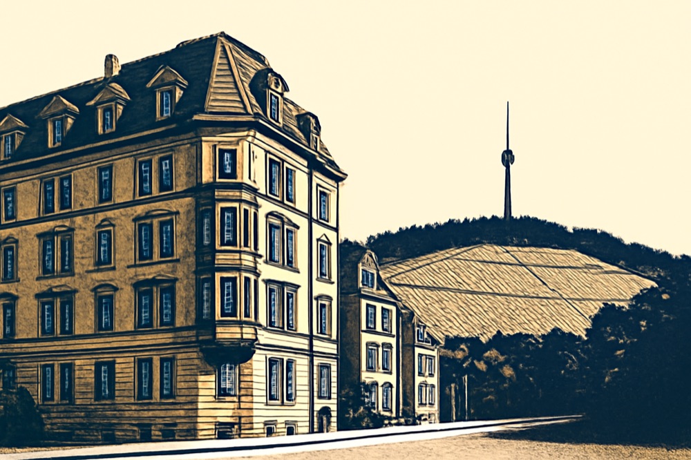 Wilhelminian apartment block in Stuttgart-West with TV tower silhouette.