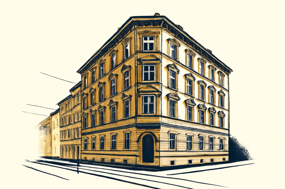 Stuttgart apartment building corner façade with bay windows and arched doorway
