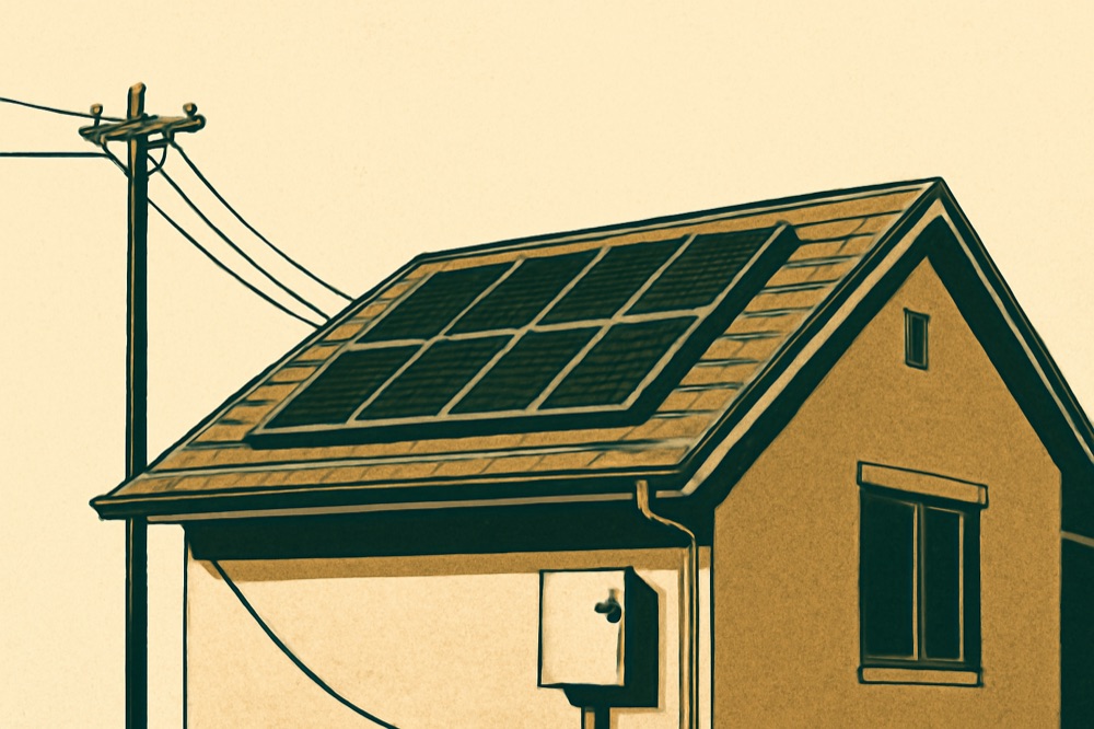 Illustration eines Hausdachs mit PV‑Modulen, einer Batterieaußenbox an der Hauswand und einem Straßenmast mit Niederspannungskabel zum Zähler