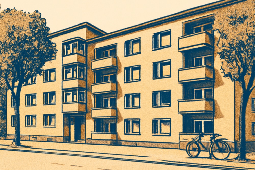 Facade of a mid‑20th century German apartment block with balconies, two‑colour line illustration