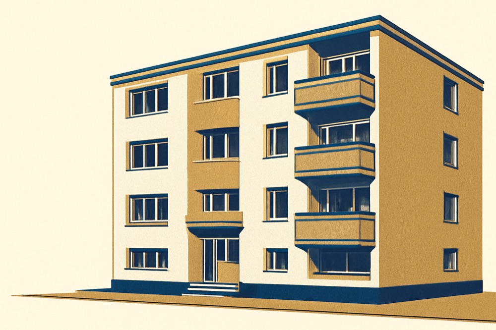 Zweifarbiges architektonisches Strichbild eines deutschen Mehrfamilienhauses mit Balkonen