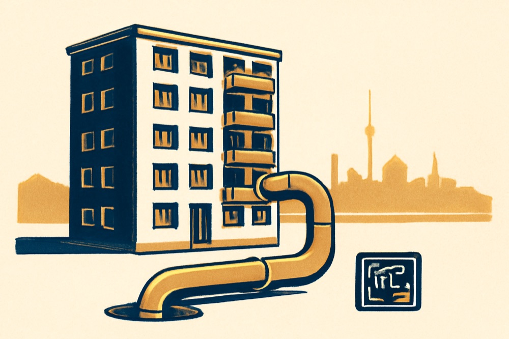 Illustration of an apartment block with a district‑heating trunk pipe entering at street level