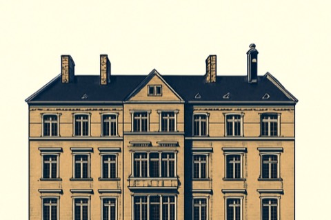 Berliner Mietshaus mit Schornsteinen und Dachabzug, zweifarbige Illustration