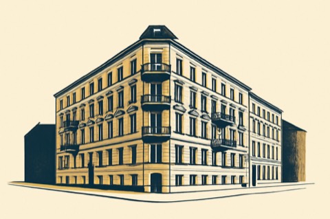 Berlin Altbau corner apartment building, two-colour illustration
