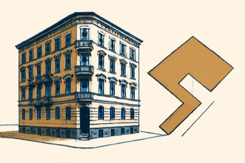 Corner apartment building and plot outline illustrating land vs building