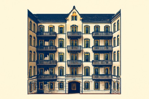 Illustration eines sechsstöckigen Gründerzeit-Mehrfamilienhauses mit Balkonen und kleinem Innenhof