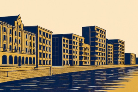 Brick warehouses and new apartments on Bremen’s Überseestadt waterfront