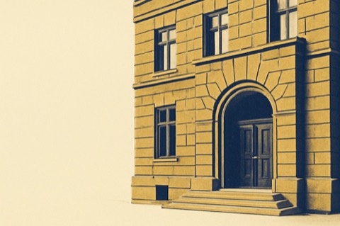Entrance of a German Amtsgericht building with arched stone portal