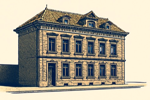 Historische steinsichtige Stadthausfassade mit verzierten Gesims und Ziegeldach (zwei­farbige Illustration)