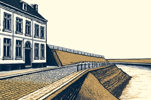 Architekturzeichnung eines städtischen Hauses am Flussufer mit Stützmauer und Böschung — Zweifarbenillustration.