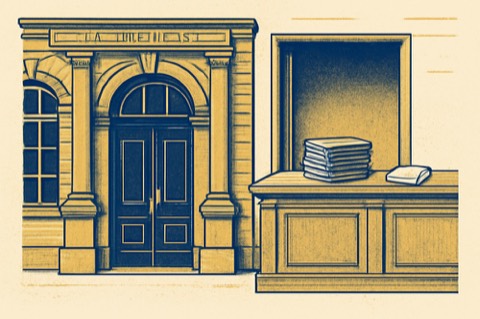 Architectural two‑colour illustration of an Amtsgericht façade and land‑registry files on a wooden counter.