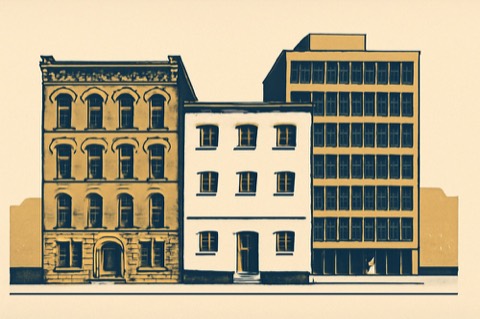 Zweifarbiges Architekturillustration: drei nebeneinanderliegende Stadtgebäude (historischer Rotziegelbau, Nachkriegs-Stuckbau, modernes Glasamt).