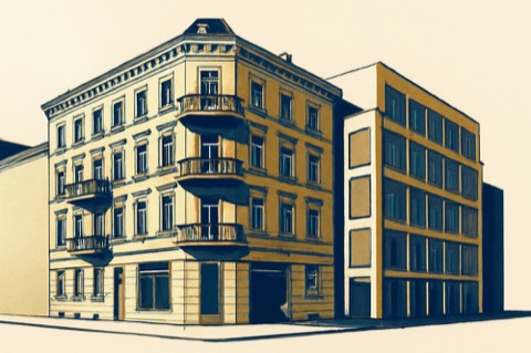 Berliner Altbau‑Ecke mit moderner Baulückenschließung, kontrastierende Fassaden und Balkone.