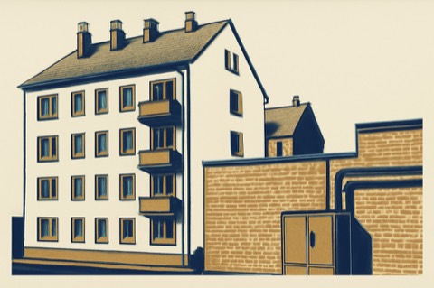 Berlin apartment block with rooftop chimneys and a district‑heating substation cabinet