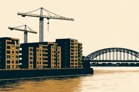 Rhinefront apartments and cranes at Cologne’s Deutzer Hafen