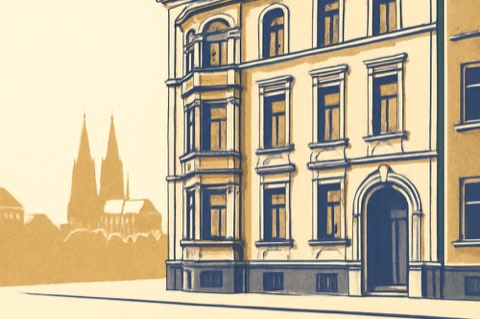 Cologne apartment facade with the cathedral silhouette in the distance.