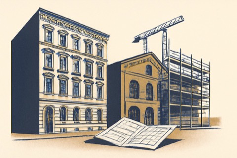 Two‑colour line drawing of a Berlin tenement and an adjacent red‑brick former factory with scaffolding and a site plan in front.