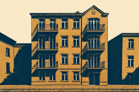 Zweifarbige Architekturillustration eines Reihenwohnhauses in Deutschland mit Balkonen und Kopfsteinpflaster