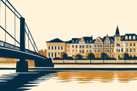 Riverside facades in Düsseldorf‑Oberkassel seen from the bridge