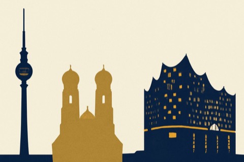Two‑colour architectural illustration: silhouettes of Berlin TV Tower, Munich Frauenkirche and Hamburg Elbphilharmonie