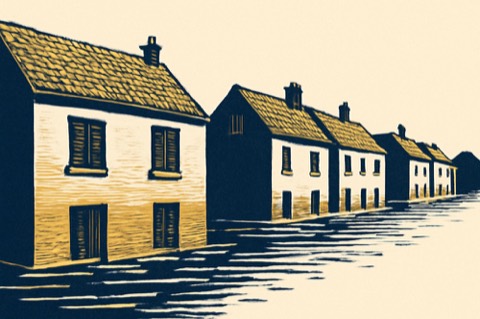Two‑colour illustration of townhouses beside a swollen river with watermarks on facades