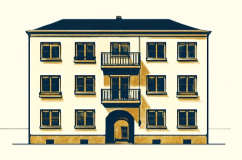 Zweifarbige Linienzeichnung einer deutschen Wohnhausfassade mit Balkonen und Hofeingang.