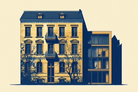Zweifarbige architektonische Illustration eines Berliner Stadthauses mit modernem Glasanbau