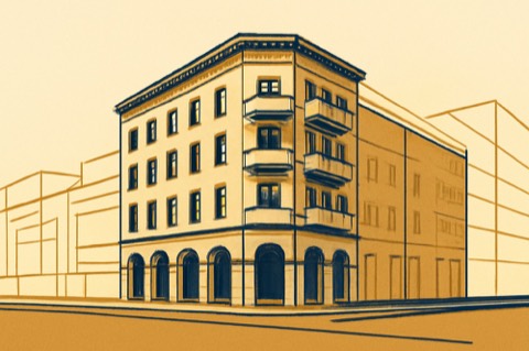 Corner apartment building in Berlin with balconies and street grid