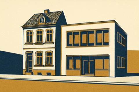 Zweifarbige Linienillustration eines deutschen Stadthauses neben einem Notariat