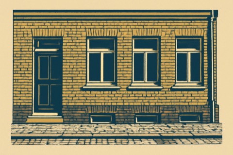 Rowhouse frontage in Gelsenkirchen with curb and rain‑gutter grates.