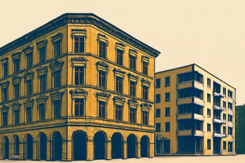 Berlin Altbau facade with modern new-build block behind it