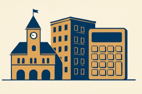 German town hall and apartment block with a calculator