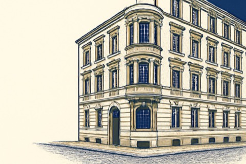 Eckfassade eines deutschen Mietshauses der Gründerzeit an einer Kopfsteinpflasterstraße
