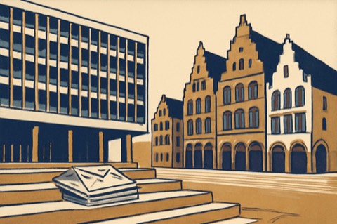 Essen city hall and Münster gabled houses with envelopes on steps