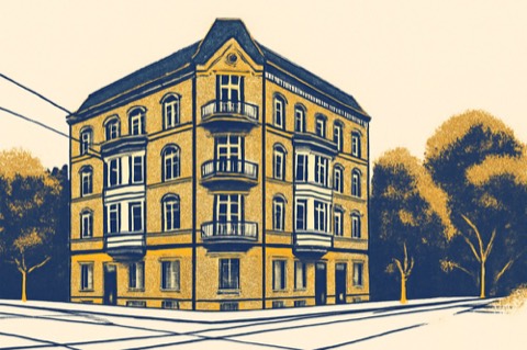 Historic corner apartment house with balconies in Hamburg Ottensen, street intersection view.
