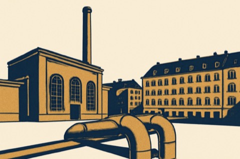District-heating pipes and CHP plant in a Munich city block
