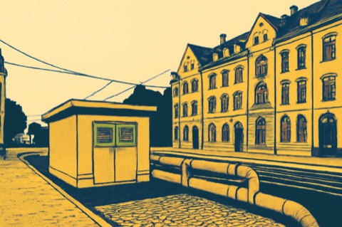 City block with district-heating substation and pipelines