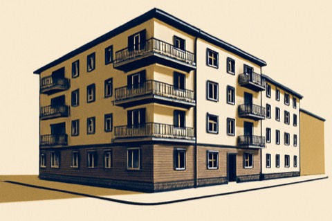 Berliner Mietshaus‑Ecke mit Balkonen, zweifarbige Illustration