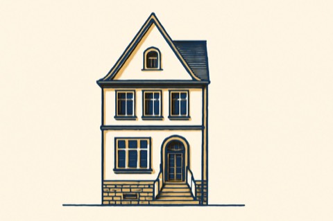 Zweifarbige Strichzeichnung eines deutschen Stadthauses mit Satteldach und Treppe