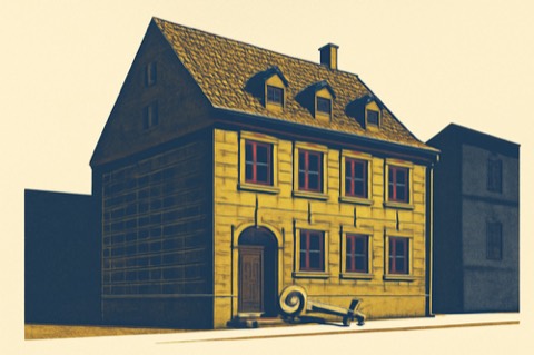 Sandsteinstadthaus in der Nürnberger Altstadt mit Schlüssel auf der Türschwelle, Zwei-Farben-Illustration.