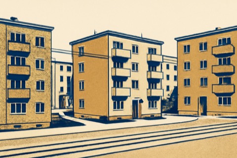 Two‑colour illustration of an East German residential street with apartment blocks and a tramline